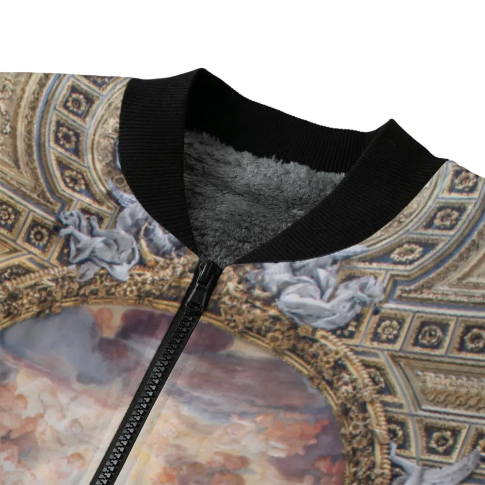 Baroque art bomber jacket side view showing windproof polyester material and zipper details