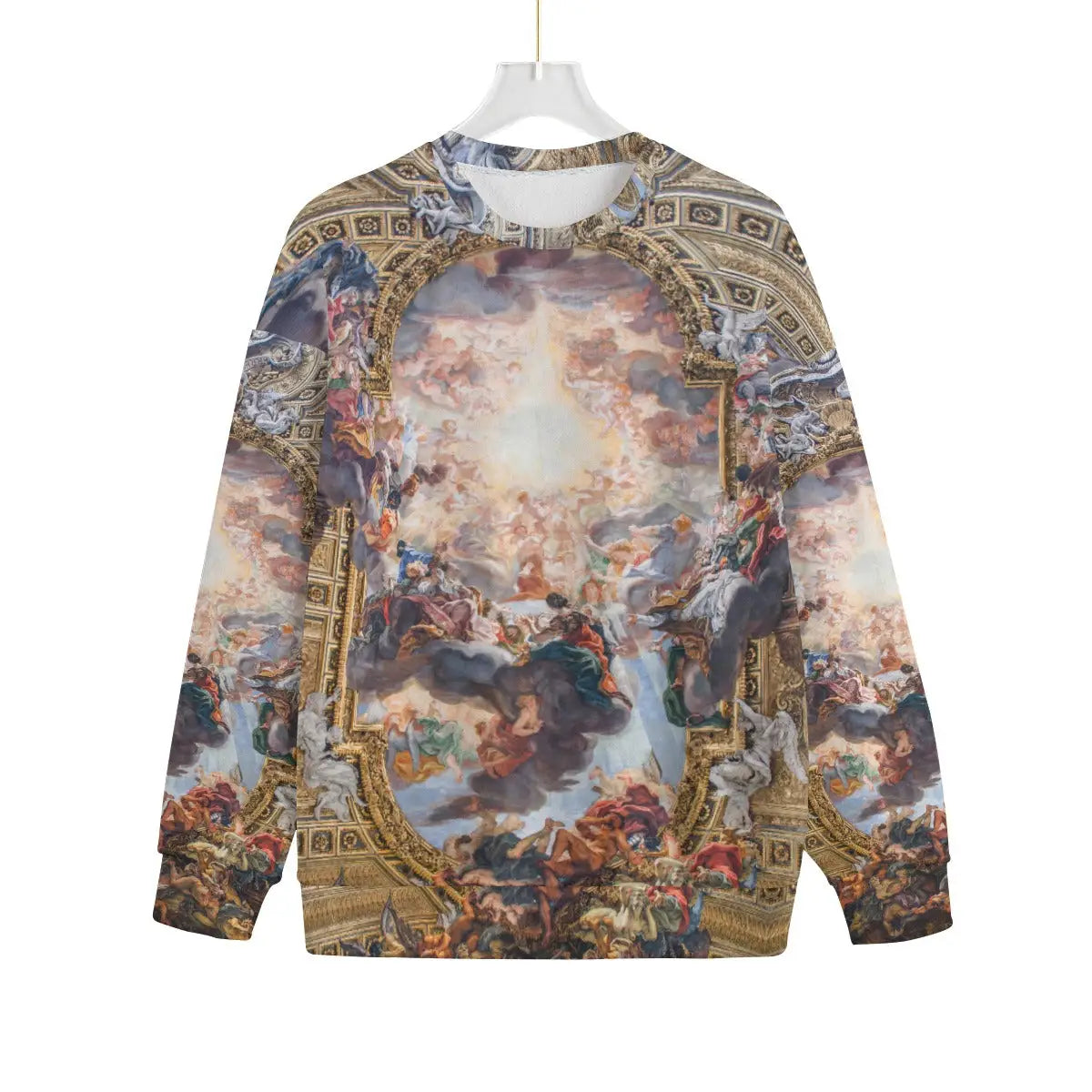 Front view of Triumph of the Name of Jesus art sweater displaying Gaulli's ceiling fresco print