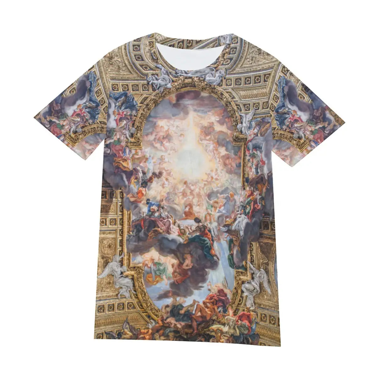 Front view of unisex Baroque art T-shirt displaying the complete composition of Gaulli's masterpiece, with figures ascending toward divine light and others falling away, demonstrating the spiritual drama of Counter-Reformation art