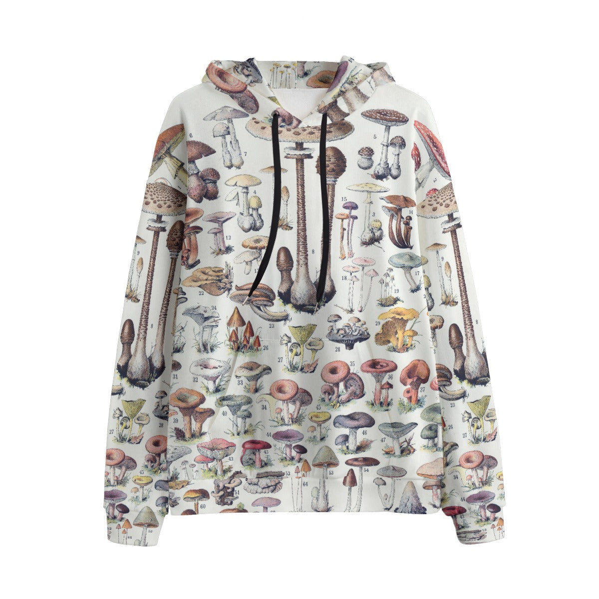 Types of Mushrooms Hoodie featuring diverse fungi illustrations - front view