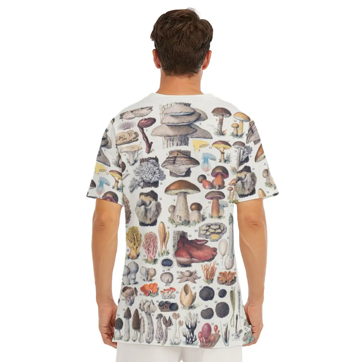 model in 190GSM cotton T-shirt featuring scientifically accurate mushroom species illustrations, highlighting the classic round neckline and comfortable regular fit