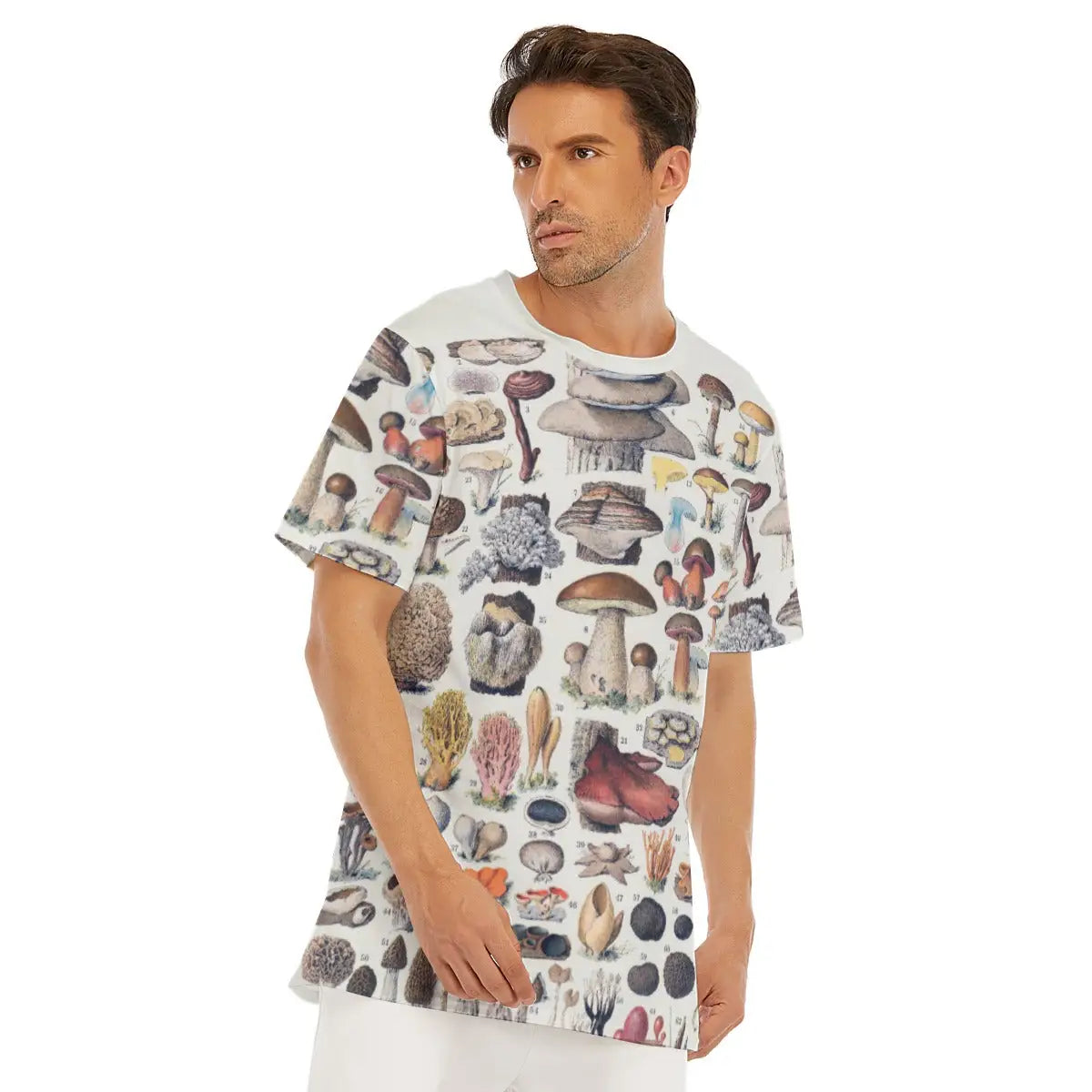 Detail of round neckline and shoulder on the Types of Mushrooms T-shirt, highlighting how the vintage-inspired botanical illustrations flow naturally across the seams of the premium cotton material
