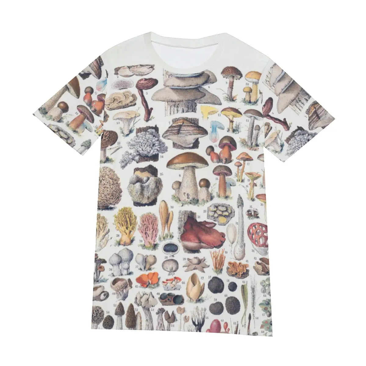 Front view of unisex Types of Mushrooms T-shirt displaying the complete botanical arrangement of diverse fungi species, from Amanita muscaria to chanterelles and morels
