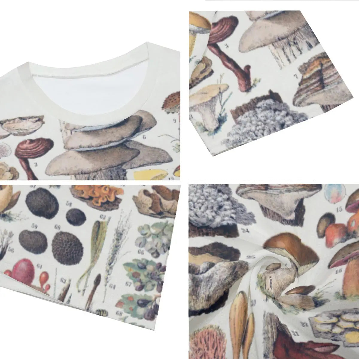 Close-up detail of high-quality printing on the Mushrooms T-shirt showing the intricate gill patterns, cap textures, and stems of various fungi species rendered with botanical precision