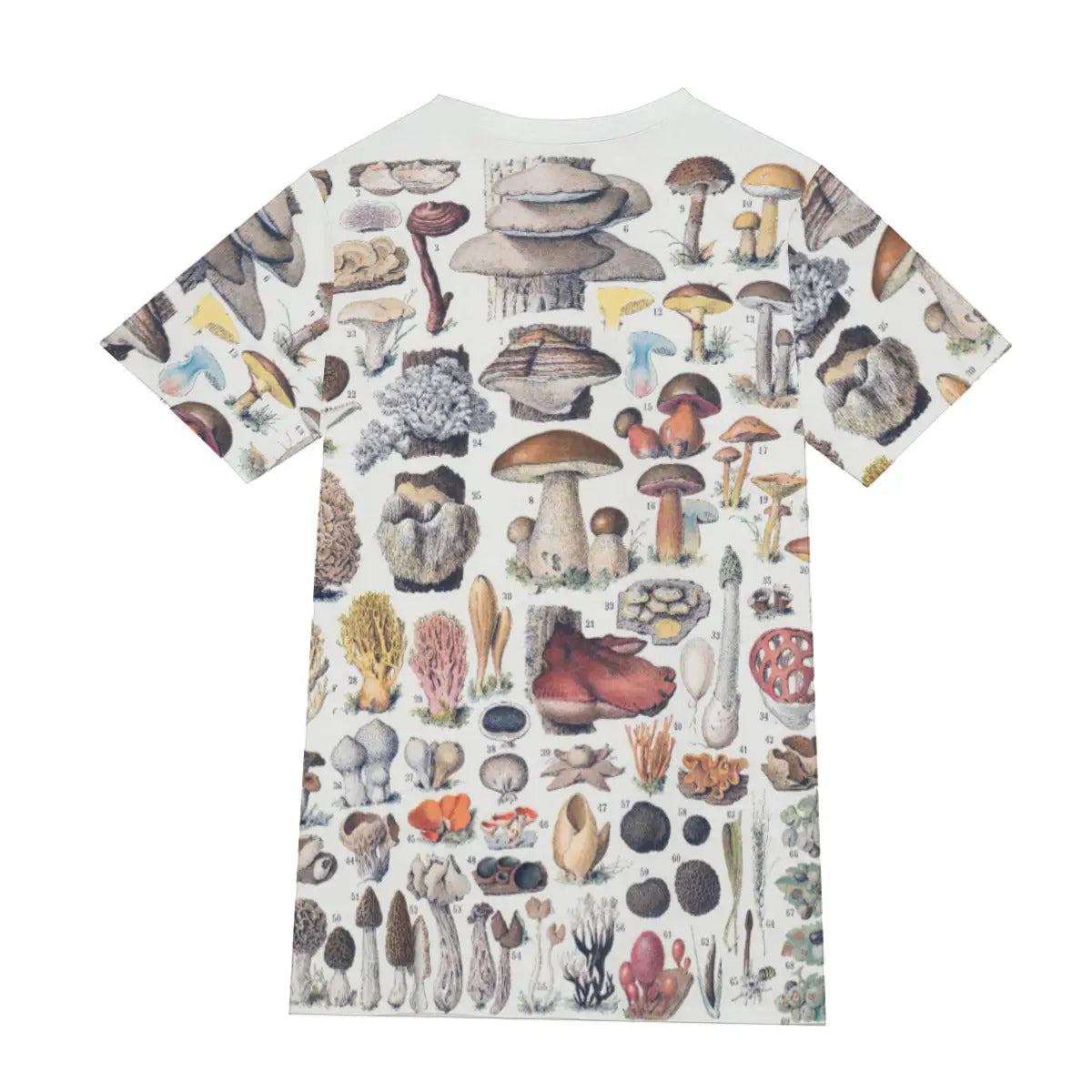 Back view of 190GSM cotton T-shirt showing the continuation of the mushroom botanical pattern, demonstrating the seamless 360-degree print quality across the entire garment
