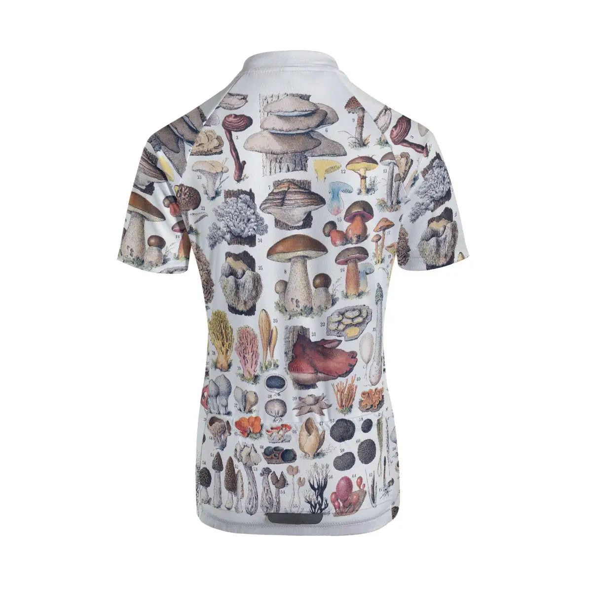 Back view showing the three functional storage pockets on Types of Mushrooms women's cycling jersey