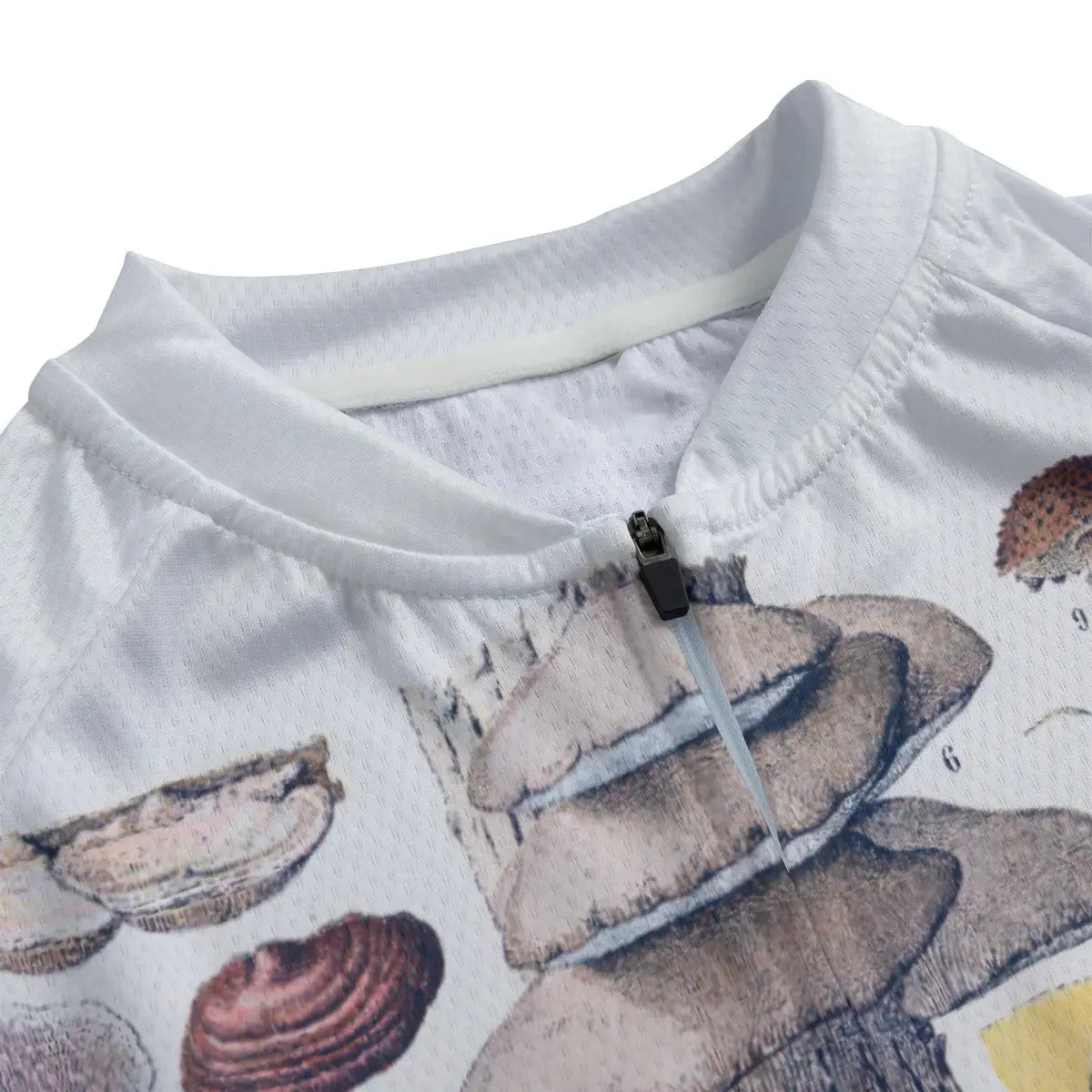 Detailed view of scientifically accurate mushroom varieties reproduced on women's cycling jersey