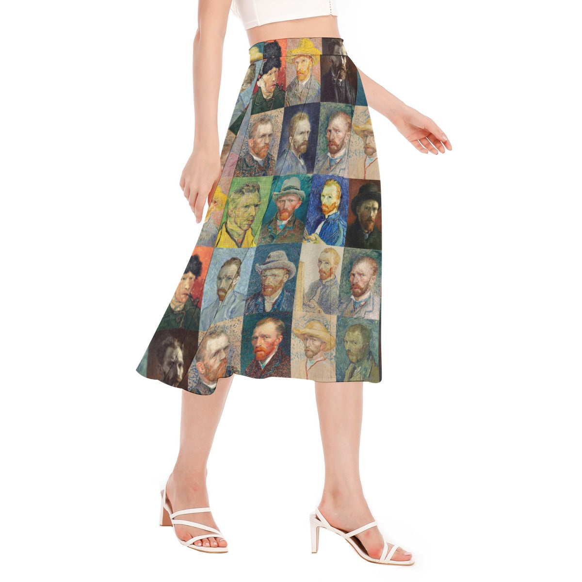 Van Gogh-inspired chiffon skirt displayed on a hanger.