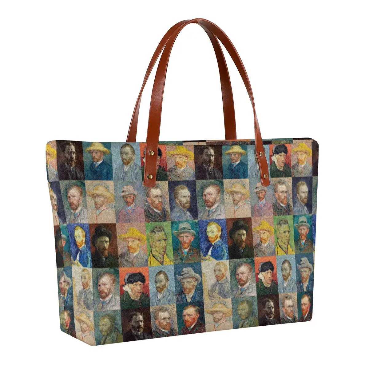 Van Gogh Art Tote Bag worn on shoulder with brown strap demonstration