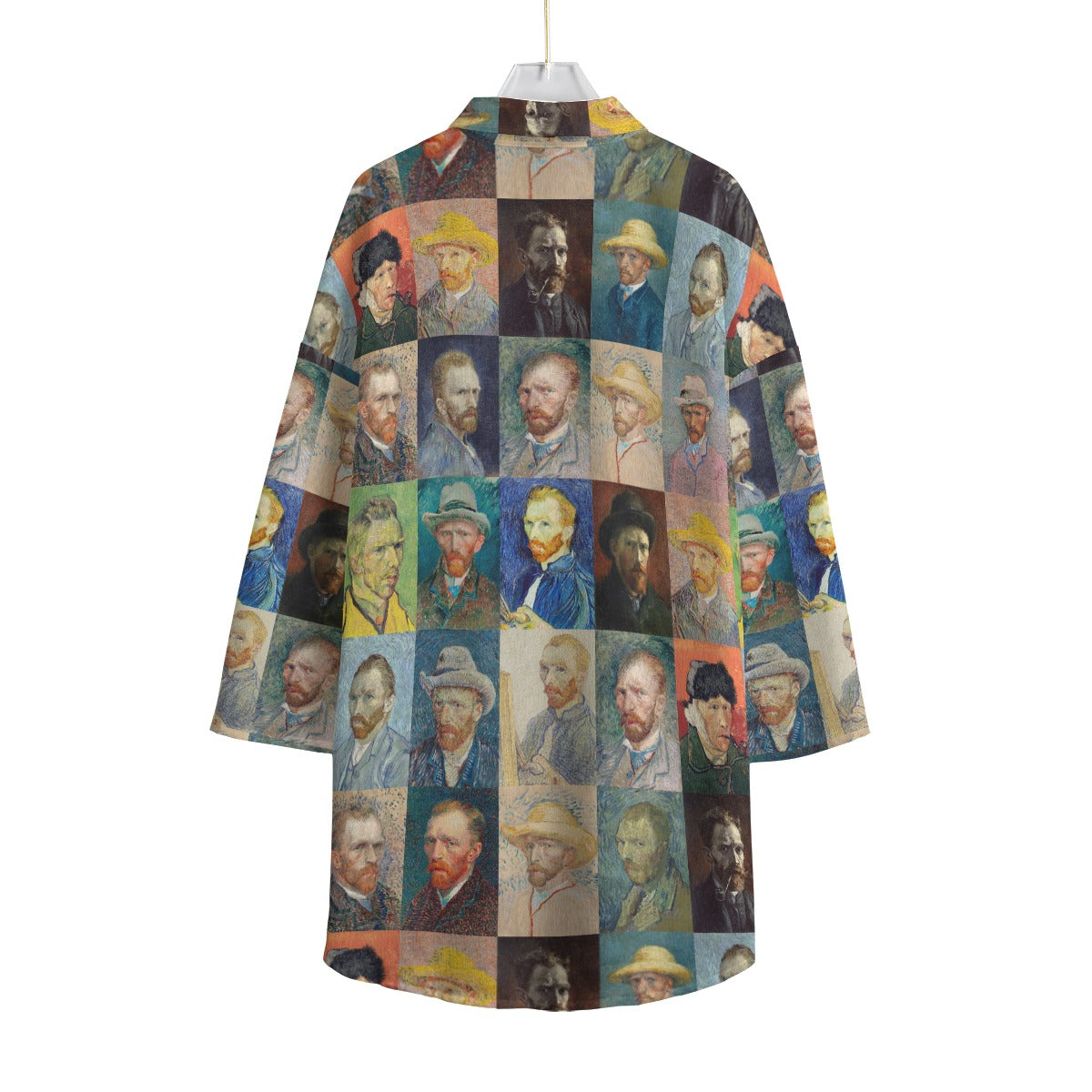 Close-up of Van Gogh's self-portrait on a chiffon blouse, showcasing vibrant colors.