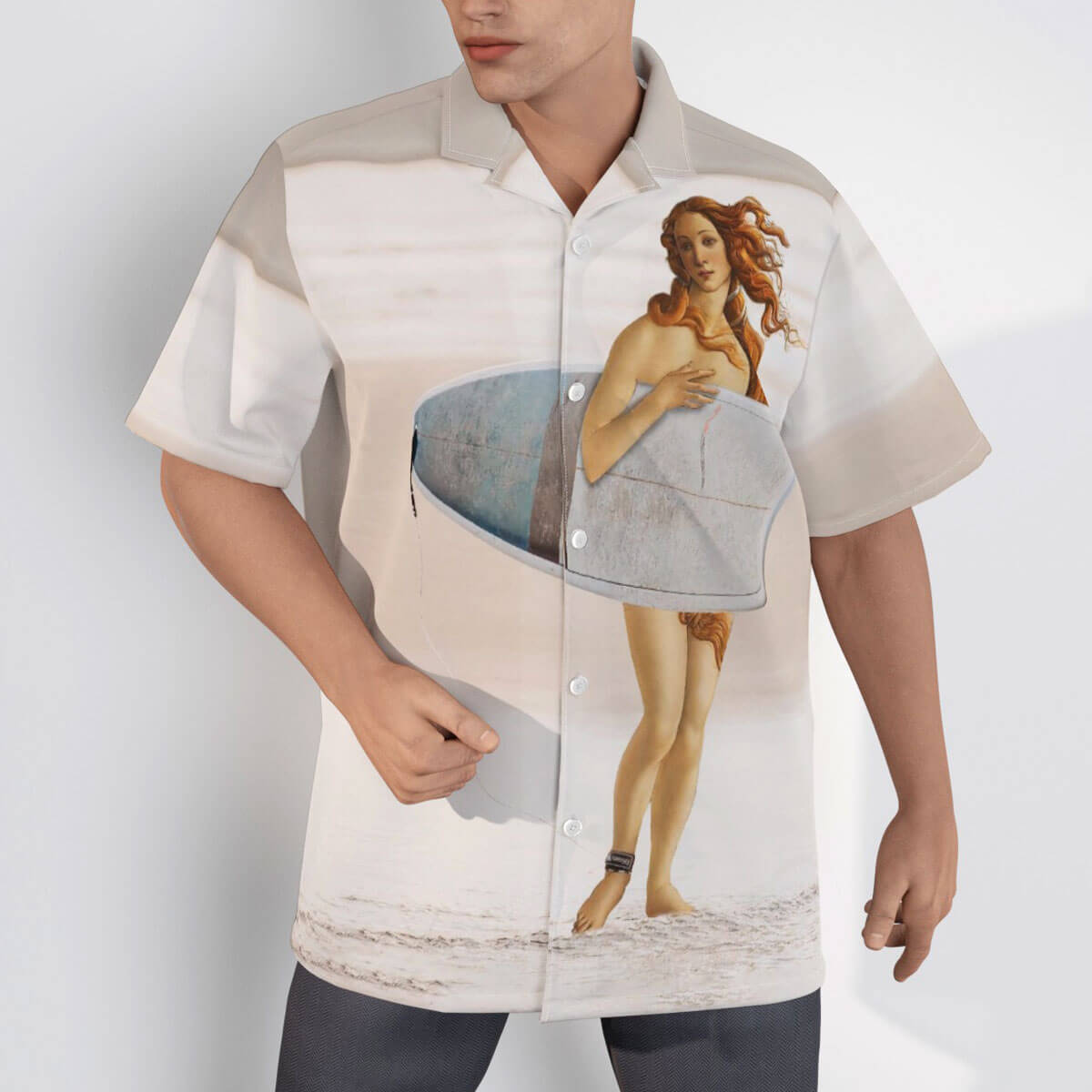 The Birth of Venus reimagined: Goddess surfing Hawaiian shirt