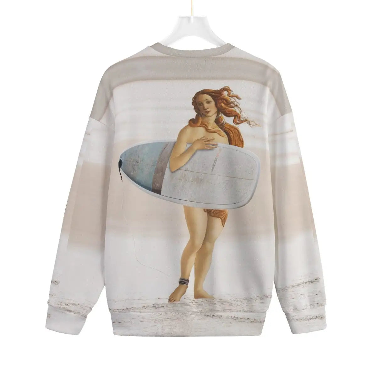 Eco-friendly artistic sweater showing Venus on surfboard