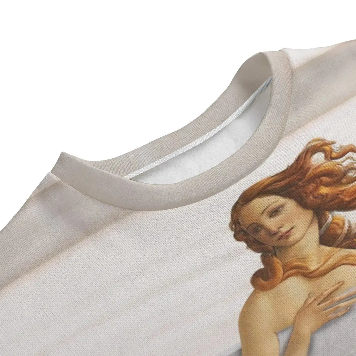 Sustainable art sweater featuring Botticelli's Venus surfing design