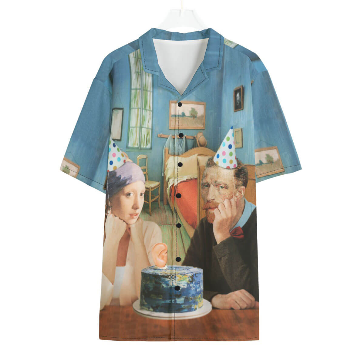 Van Gogh-inspired birthday party scene on vibrant Hawaiian shirt