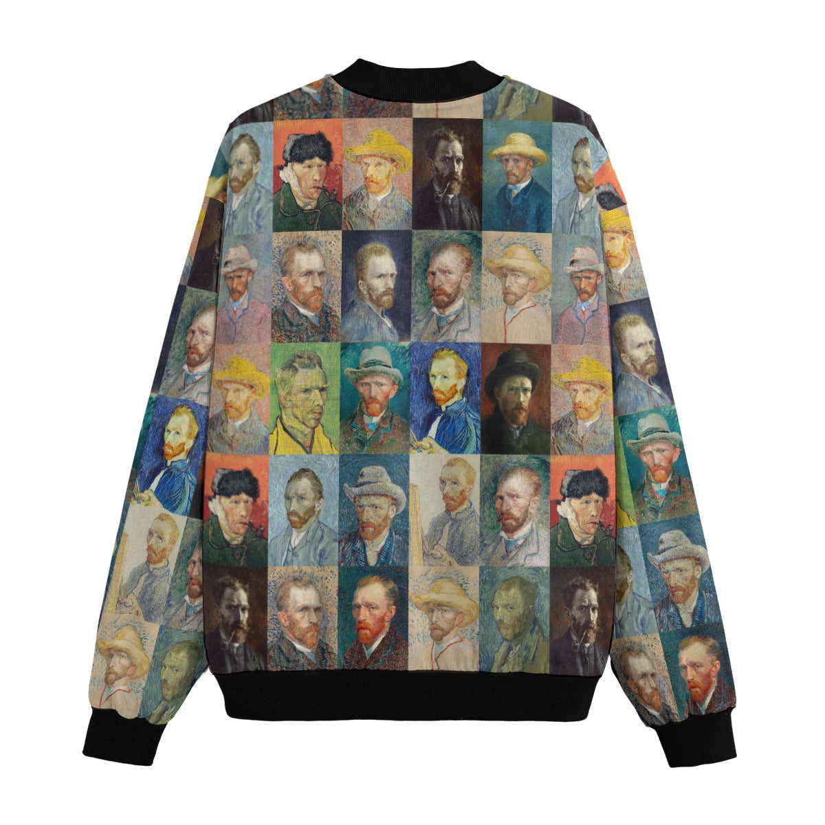 Back view of Vincent Van Gogh Self-Portraits Bomber Jacket showing complete artwork arrangement