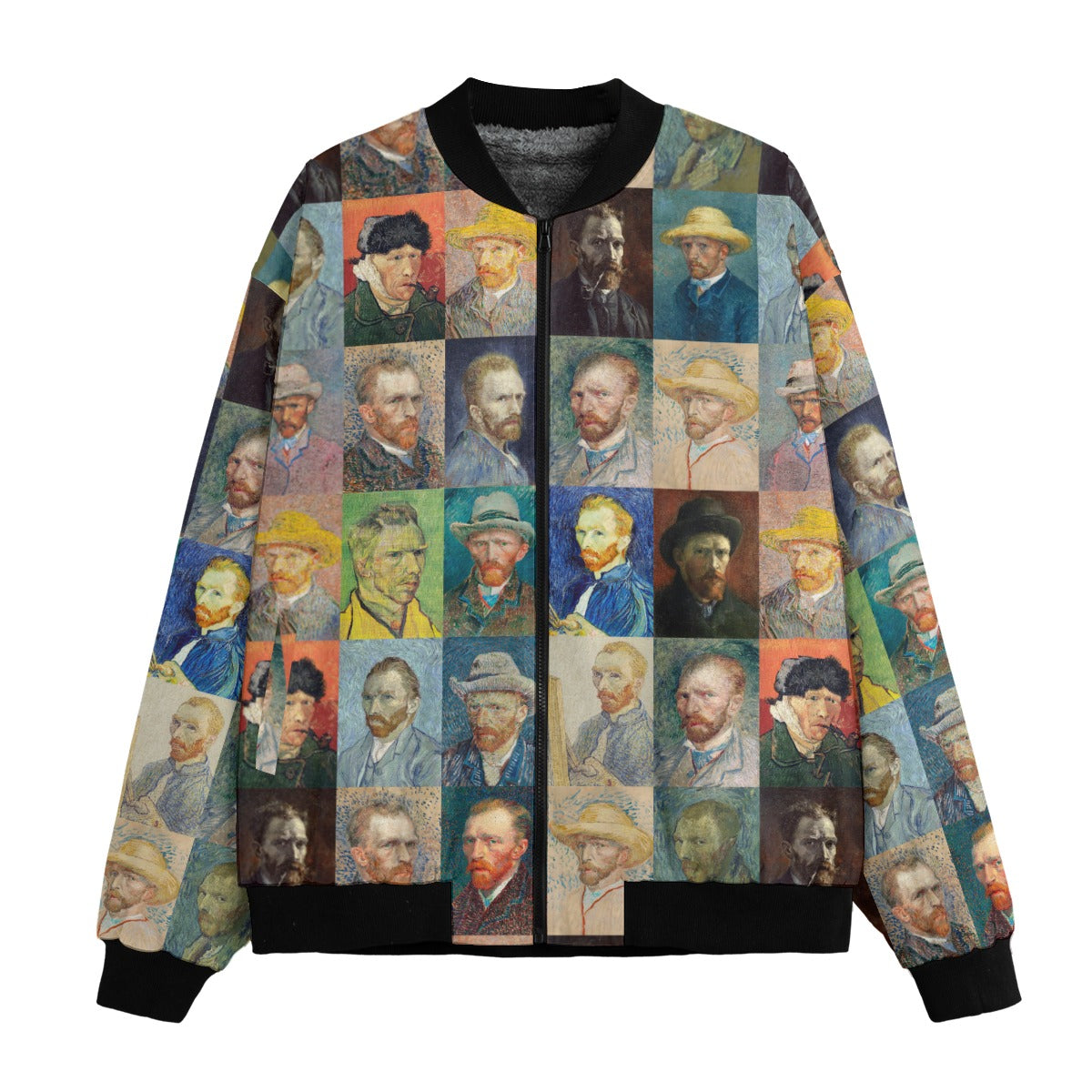 Vincent Van Gogh Self-Portraits Bomber Jacket front view displaying multiple famous self-portraits on recycled polyester