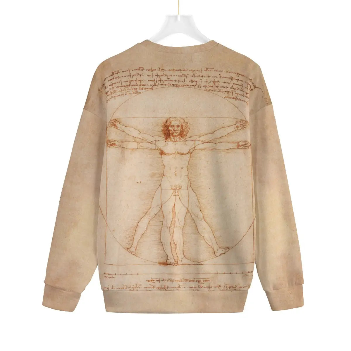 Back view of Leonardo Da Vinci Vitruvian Man sweater on mannequin