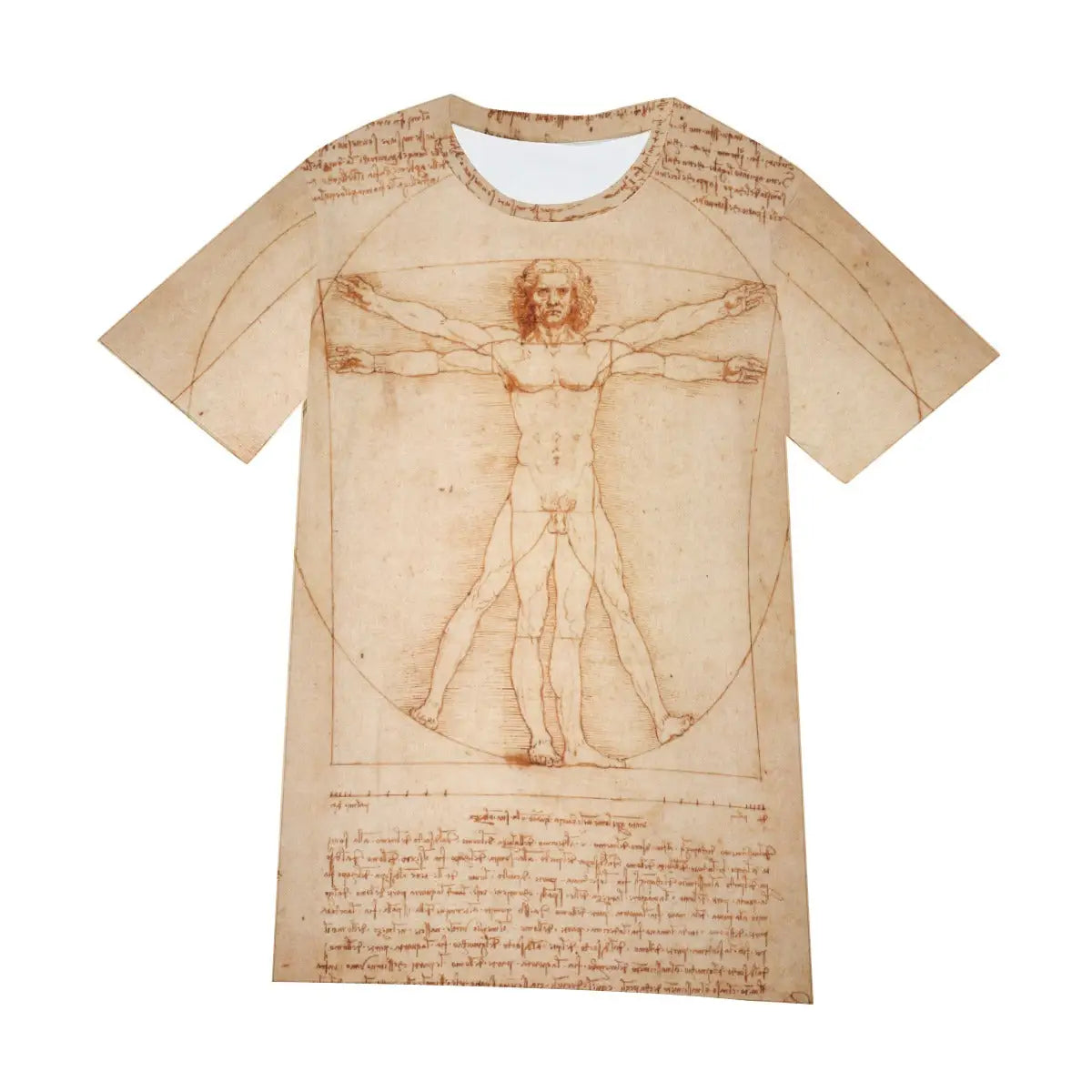 Front view of unisex Renaissance T-shirt displaying the complete composition of Da Vinci's Vitruvian Man, with its perfect balance of mathematical precision and artistic beauty creating a sophisticated visual statement