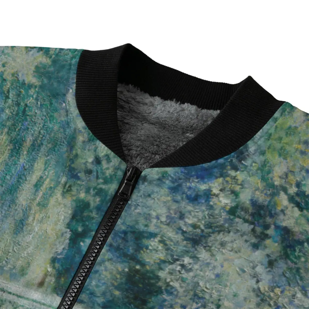 Black zipper and pocket detail of Water Lilies Monet Art Jacket