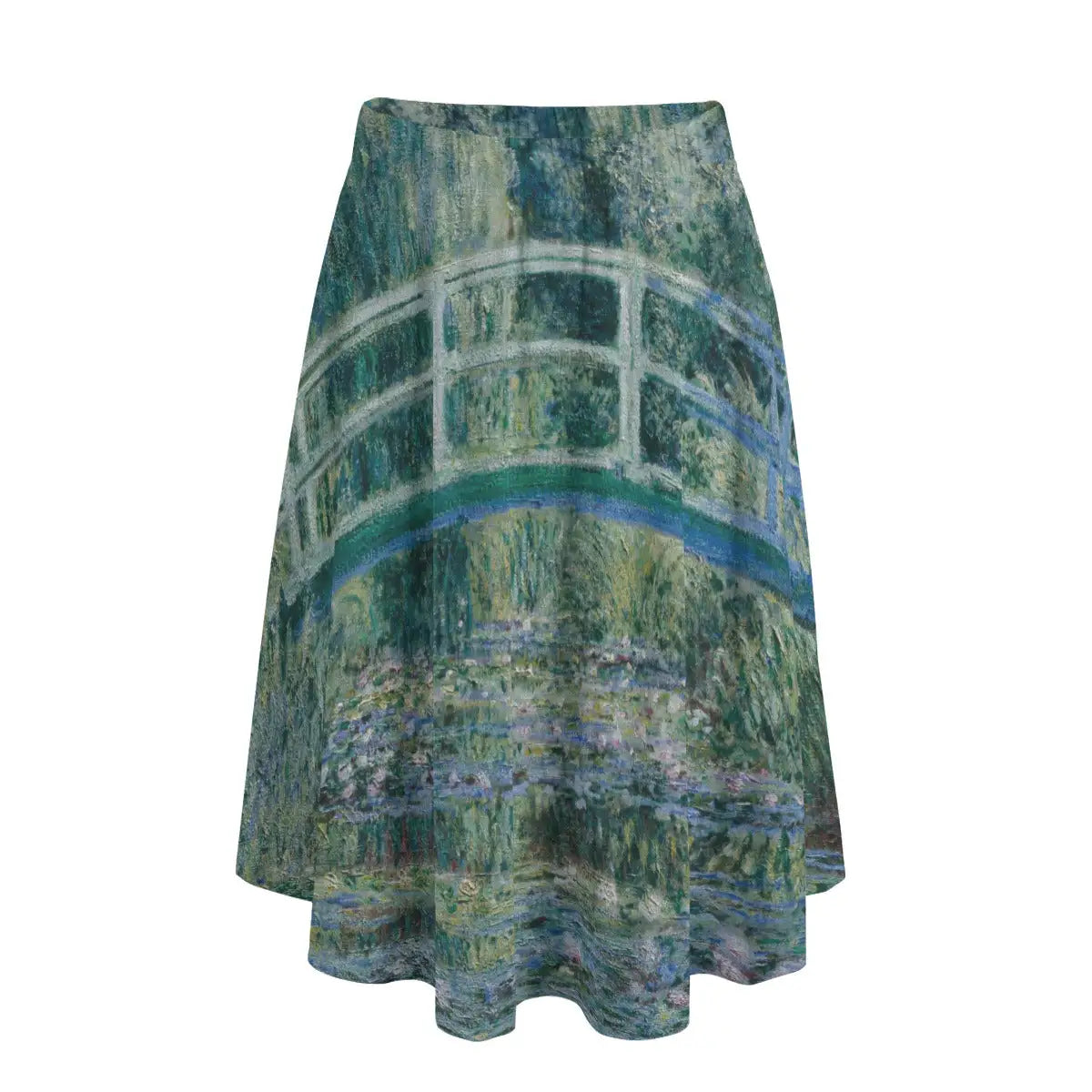 Woman wearing Claude Monet's Water Lilies and Japanese Bridge long maxi skirt showing the serene pond scene against simple sky blue top