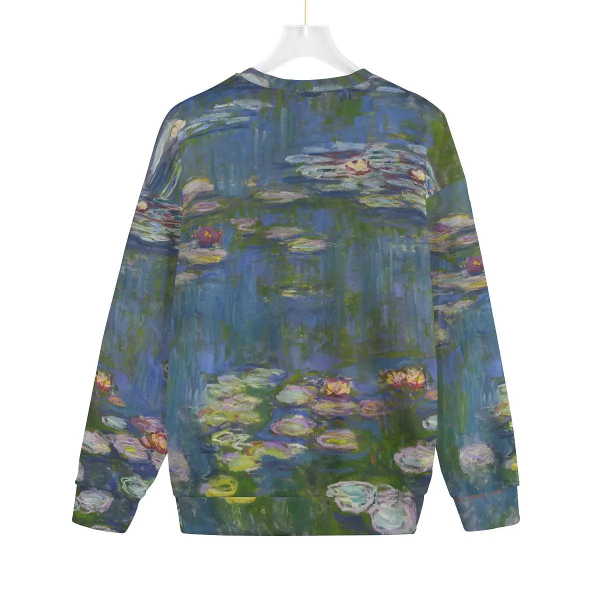 Water Lilies artistic sweater back view in Hacci fleece fabric