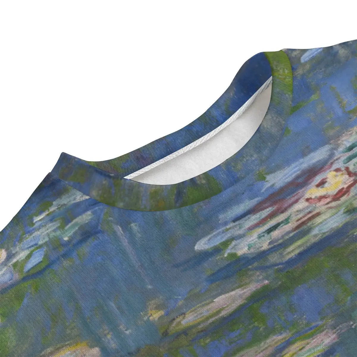 High-resolution Water Lilies print detail on artistic sweater showing Monet's brushstrokes