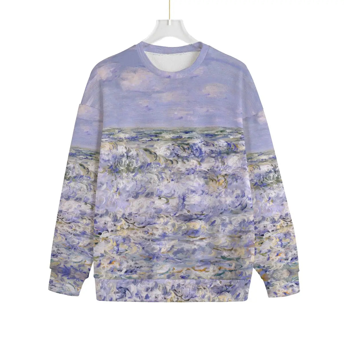 Waves Breaking by Claude Monet Sweater with ocean wave print on sustainable Hacci Fleece