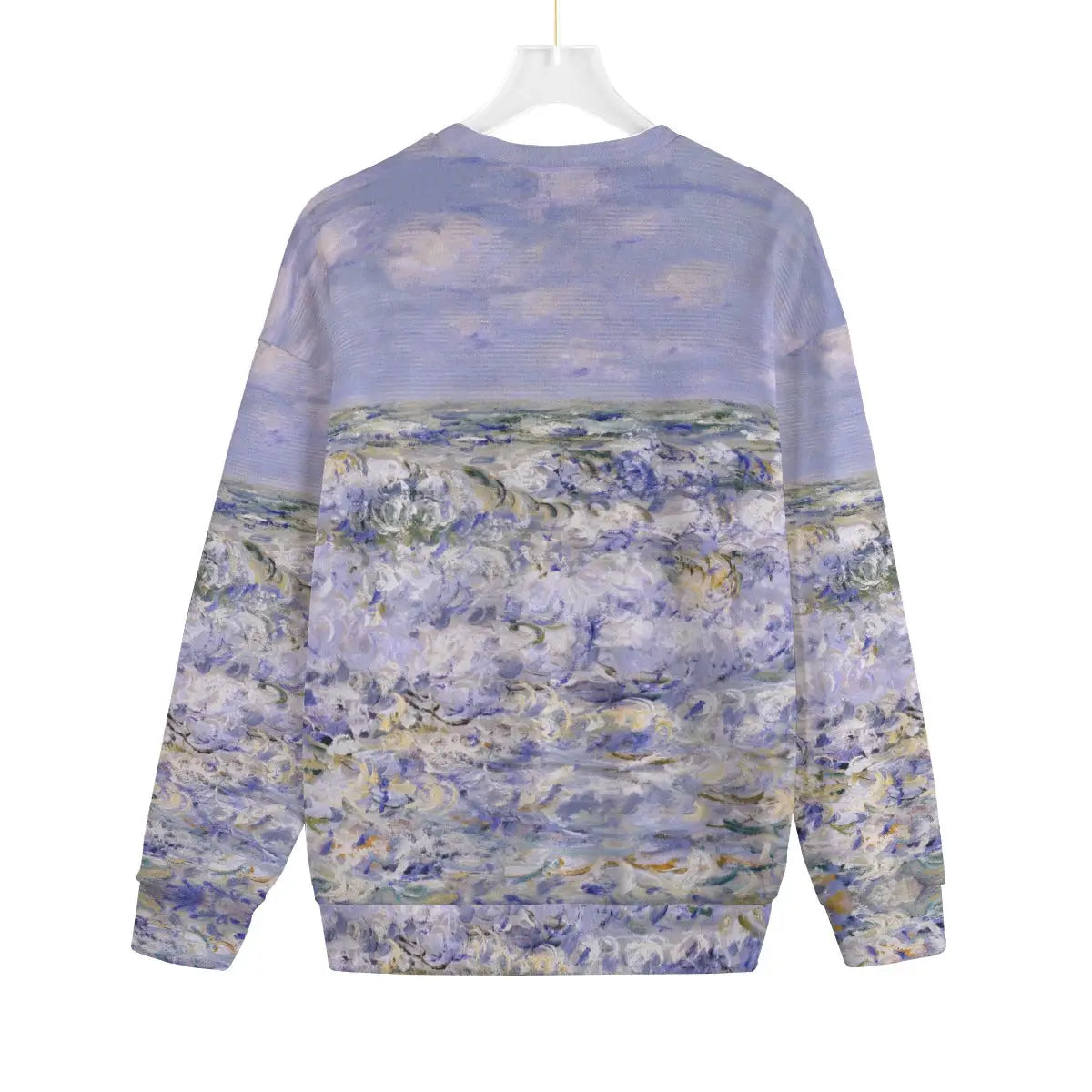 Back view of Monet Wave art sweater showing complete seascape print