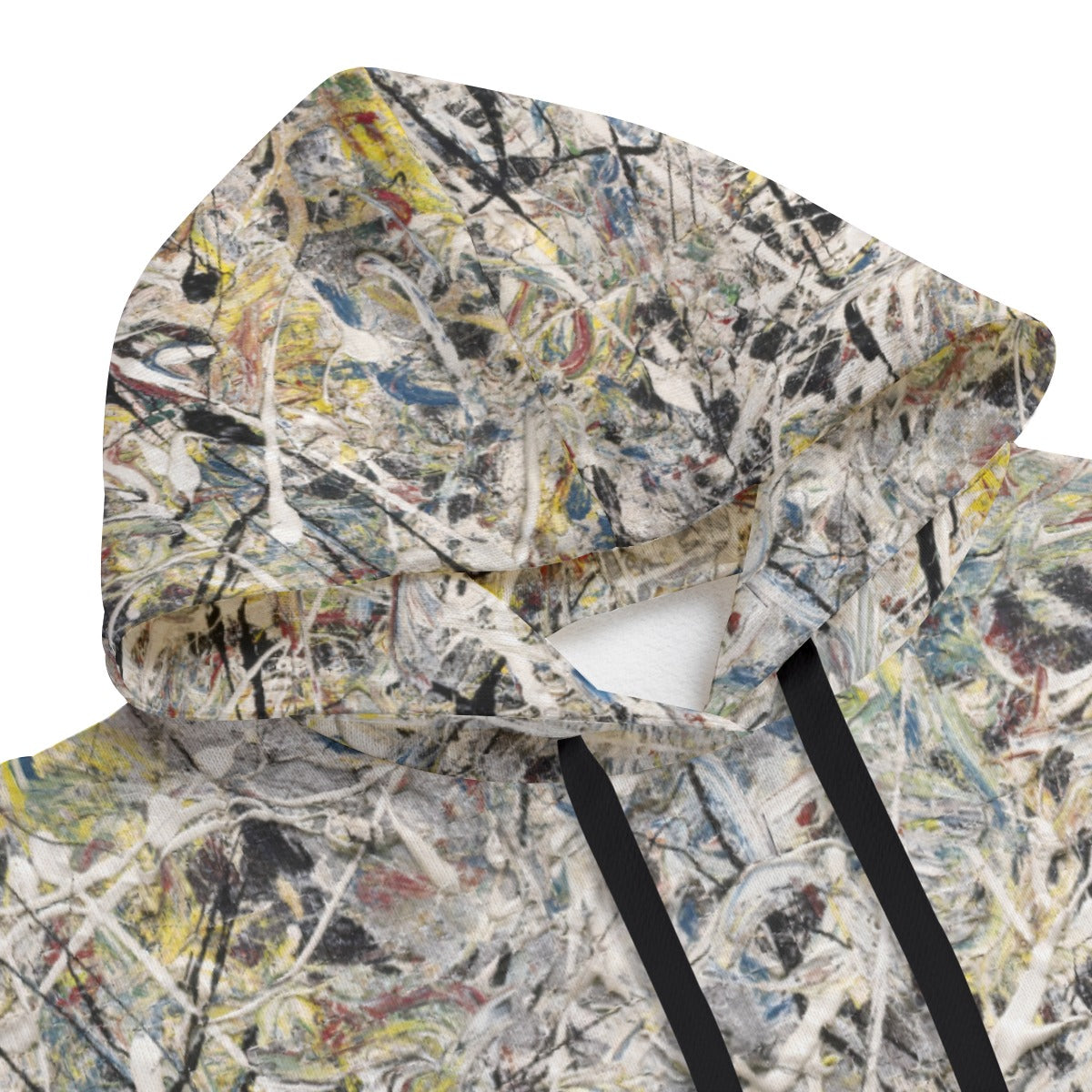 Close-up of White Light by Jackson Pollock Hoodie, highlighting intricate paint splatters