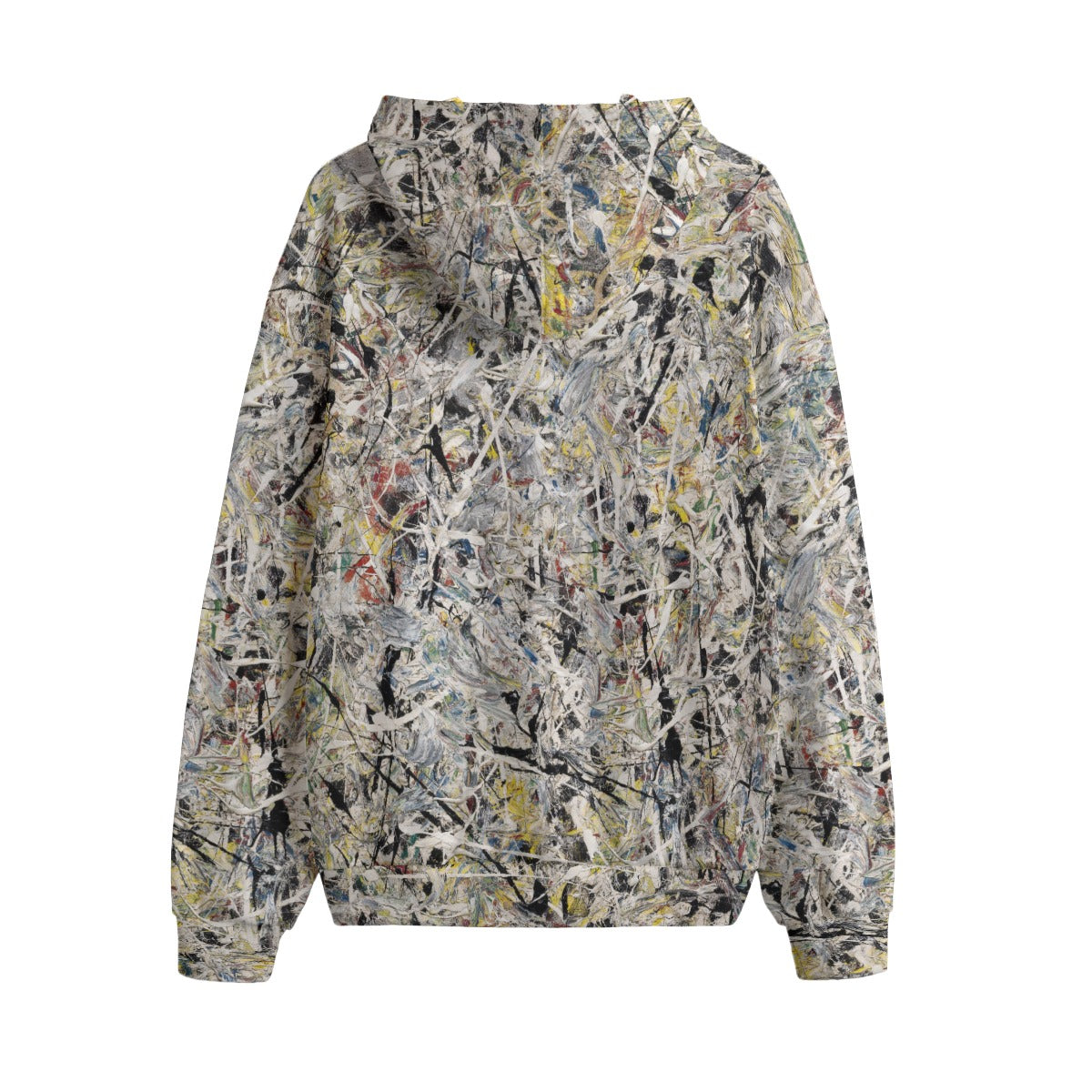 Back view of White Light Hoodie featuring Jackson Pollock's iconic drip painting style