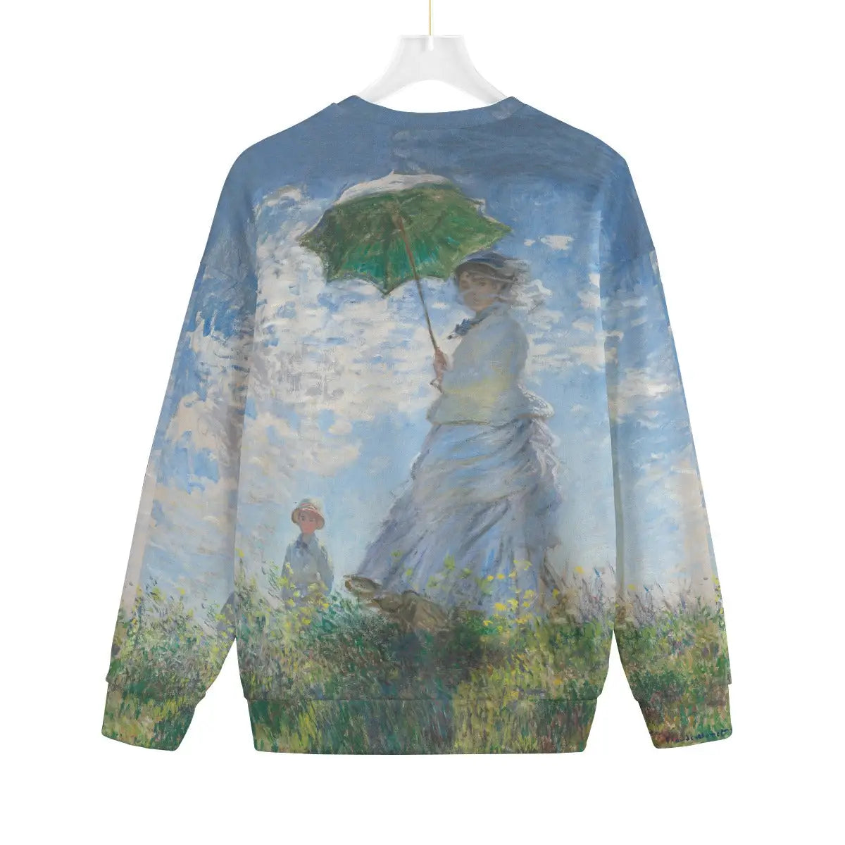 Back view of artistic sweater featuring Monet's Woman with a Parasol painting