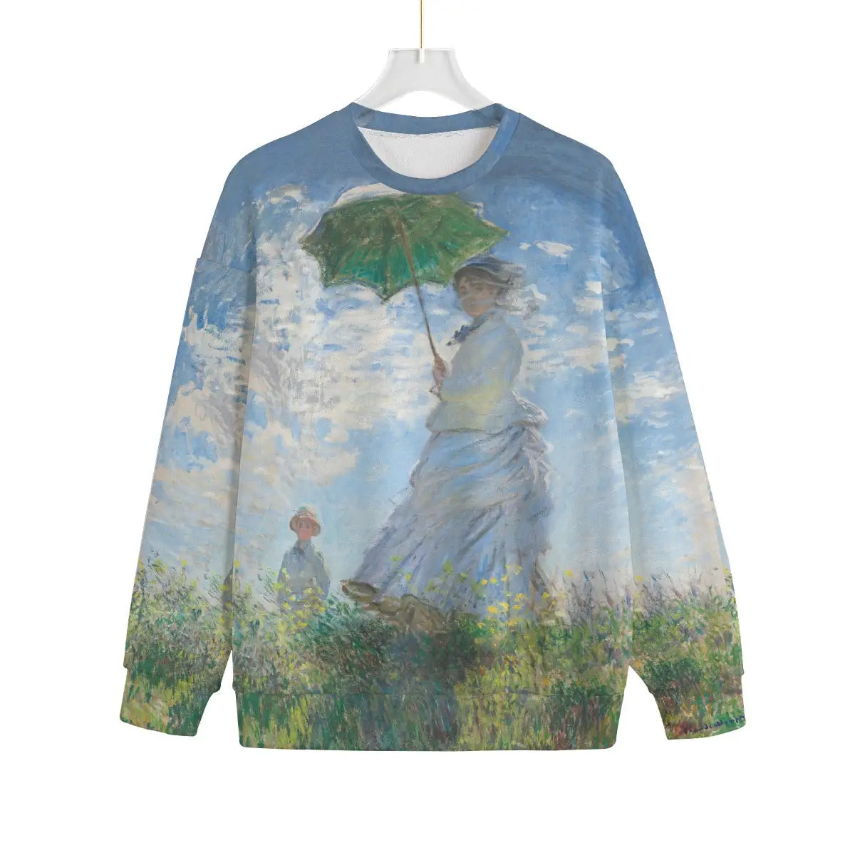 Front view of Monet's Woman with a Parasol printed on eco-friendly fleece sweater