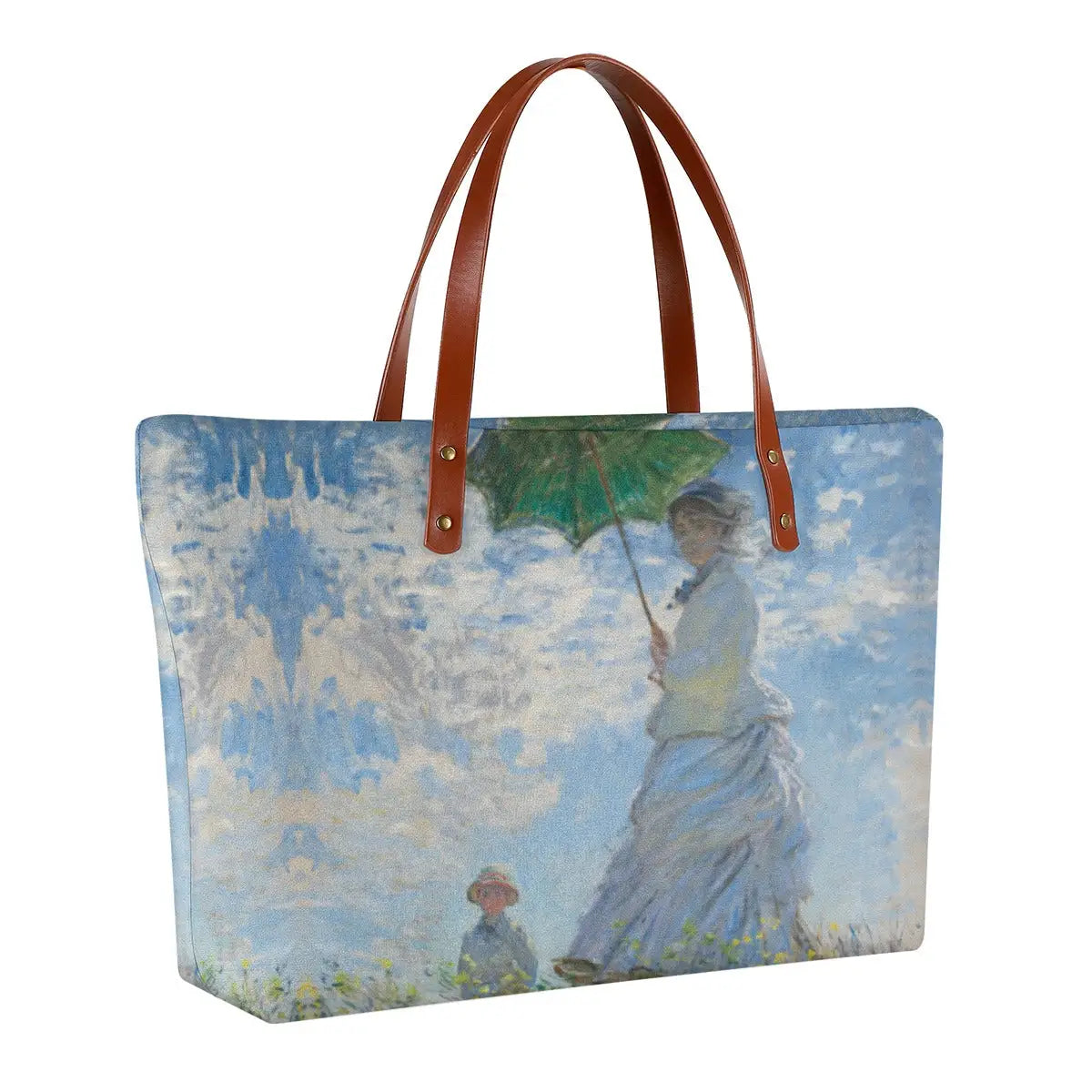 Woman with a Parasol Monet Tote Bag side view showing size and capacity