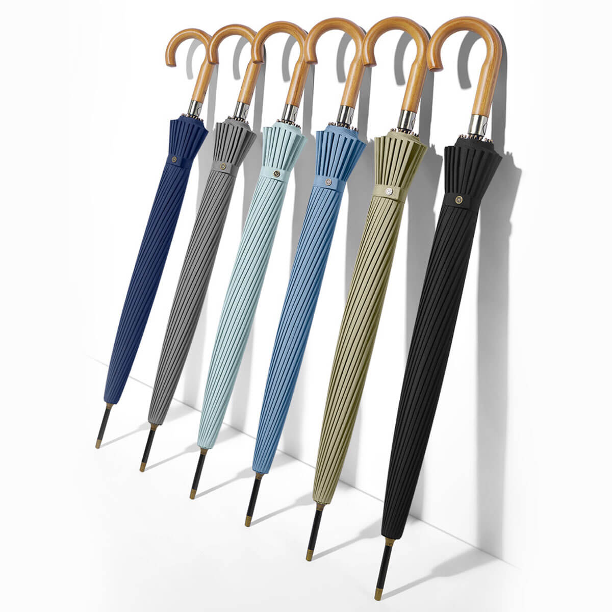 Navy business-style umbrella with wooden handle fully extended