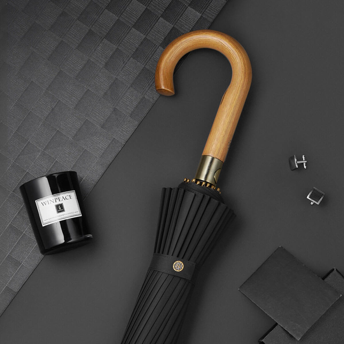 Gray wooden handle umbrella demonstrating luxury business style