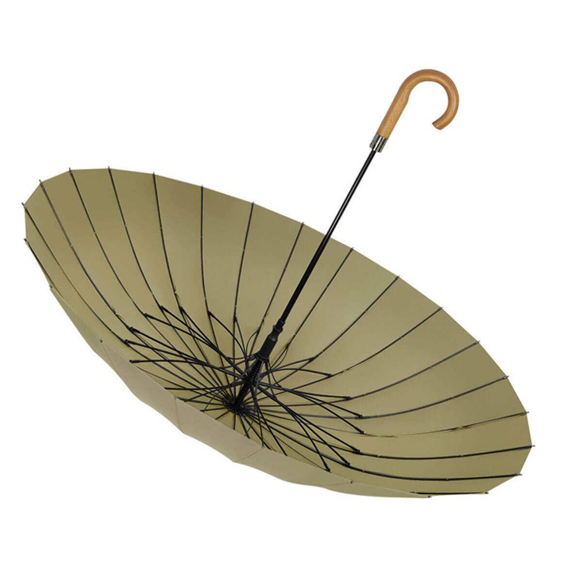 Close-up of premium wooden handle on black luxury umbrella