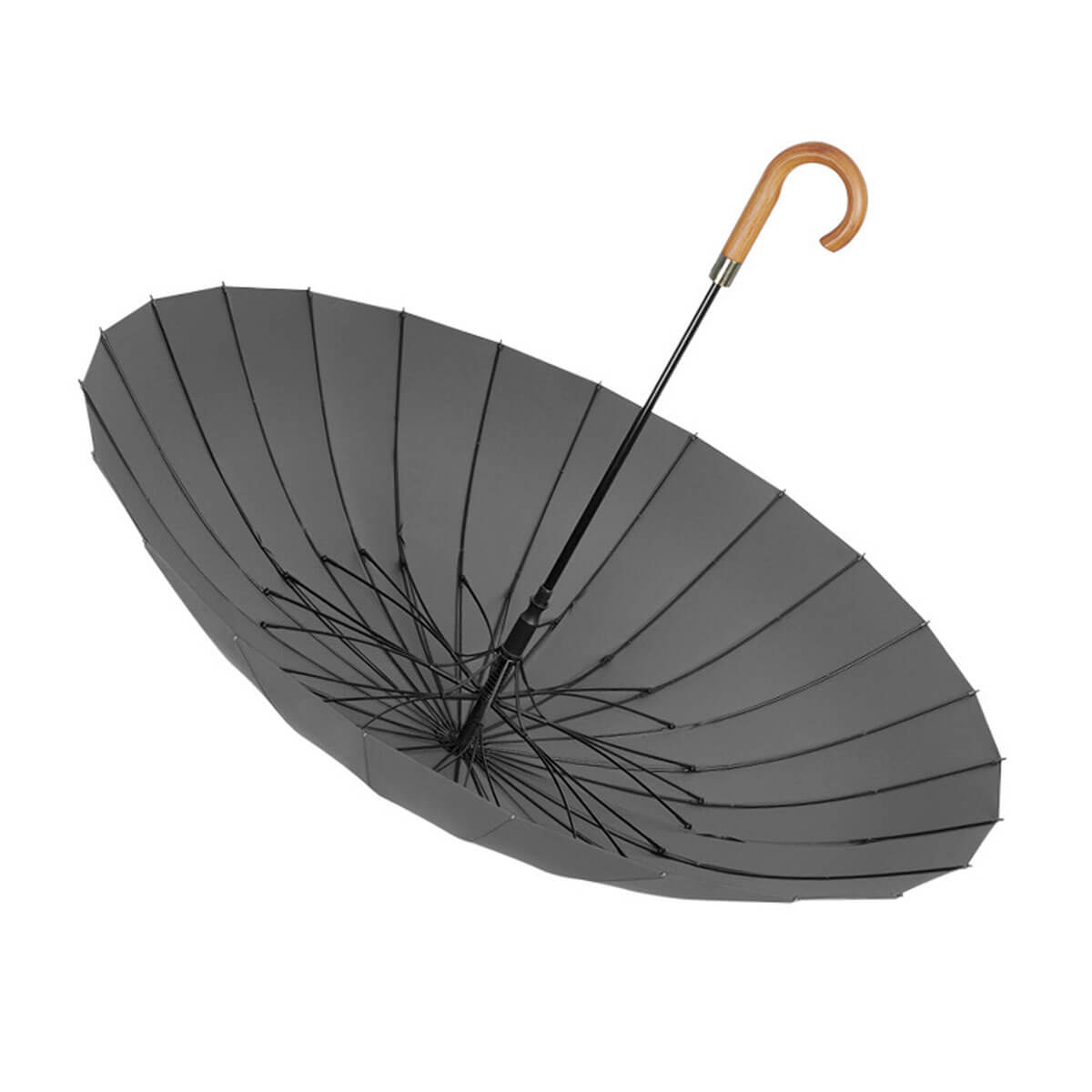 Detail of sturdy wooden handle on navy long rain umbrella