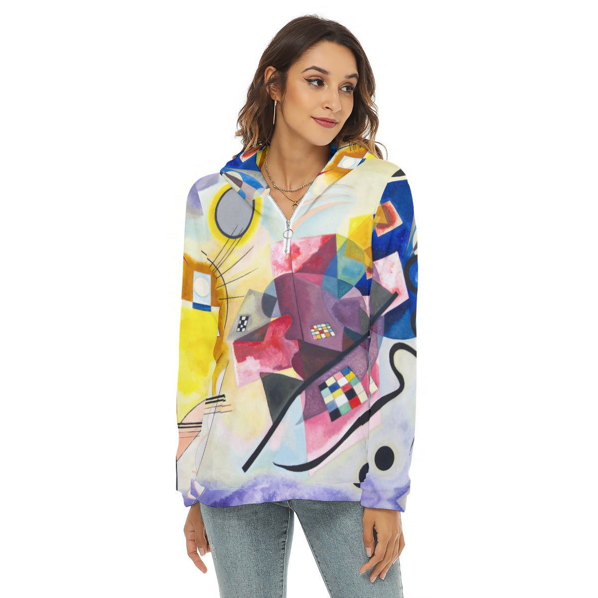 Yellow, red, and blue abstract print hoodie