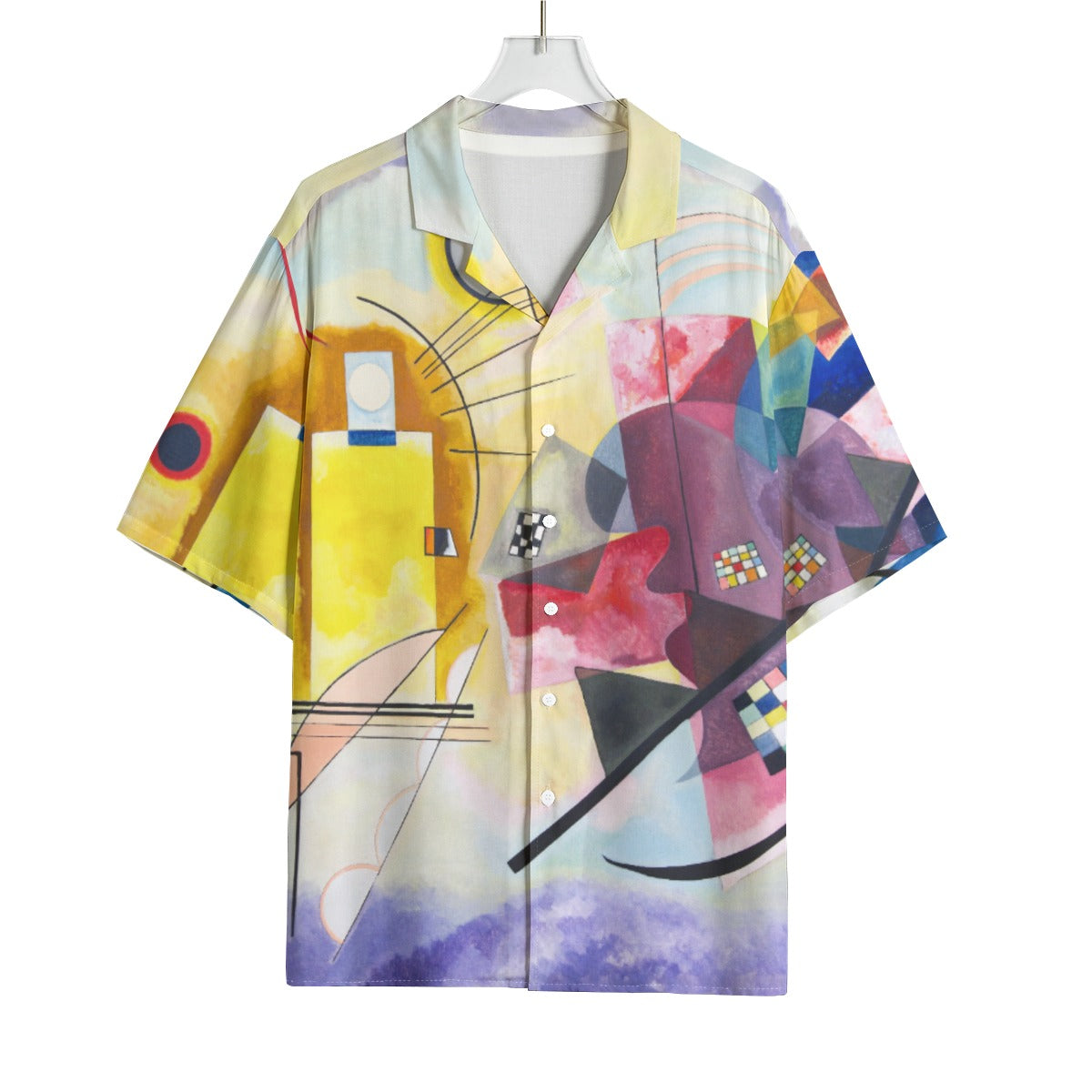 Vibrant Kandinsky Hawaiian shirt displayed on hanger